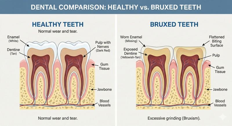 Tooth anatomy before and after bruxism clenching and grinding