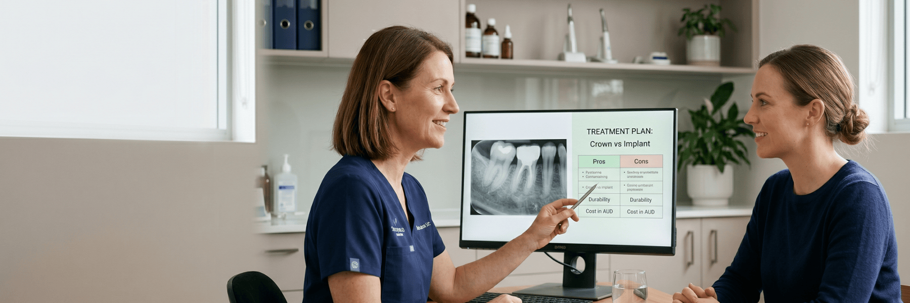 Dentist explaining crown vs implant treatment plan to patient using screen showing dental X-rays
